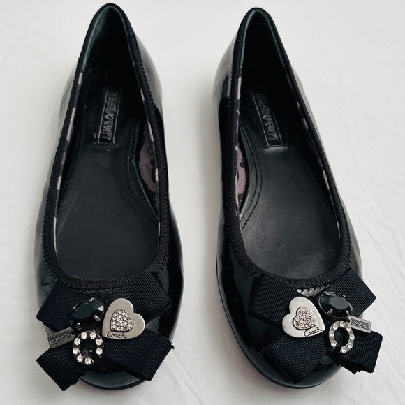 Coach Poppy Caper black patent leather ballet flats with ribbon gunmetal detail - Picture 1 of 12